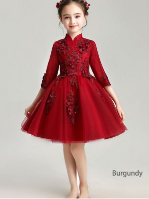 Burgundy Pink Appliques Kid Flower Girls Tulle Cheongsam Dress