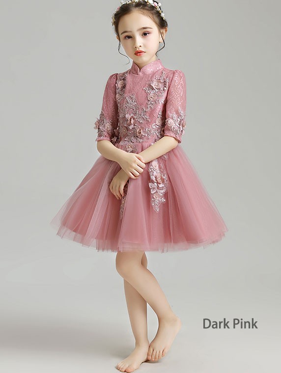 Burgundy Pink Appliques Kid Flower Girls Tulle Cheongsam Dress