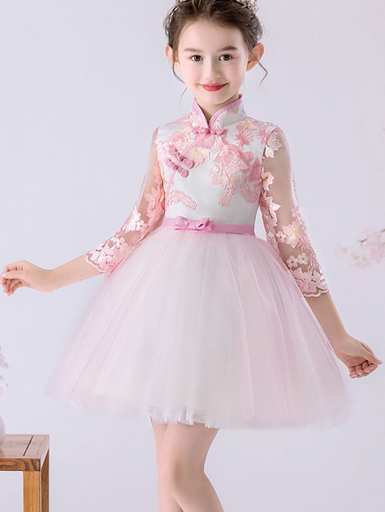 Champagne Pink Embroidered Kid Flower Girls Tulle Cheongsam Dress