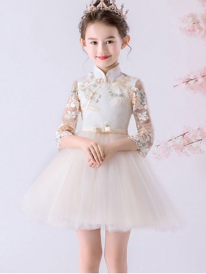 Pink Embroidered Kid Flower Girls Tulle Birthday Wedding Cheongsam Dress