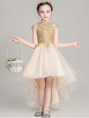 Gold Red Girls High Low Wedding Birthday Cheongsam Dress