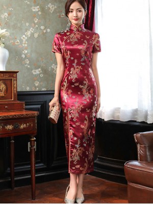 Jacquard Dragon Phoenix Thigh Split Cheongsam Qipao Dress