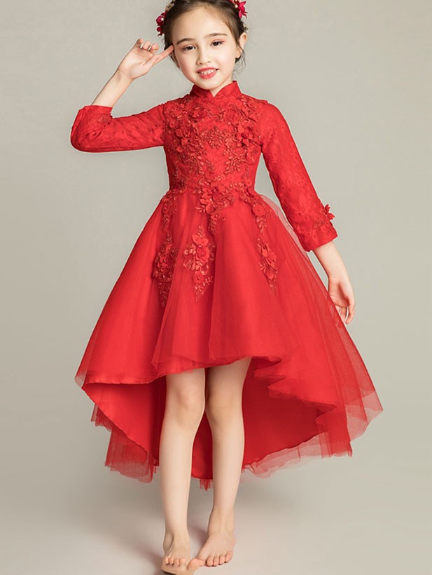 White Red Appliques Kid High Low Tulle Qipao Cheongsam Dress