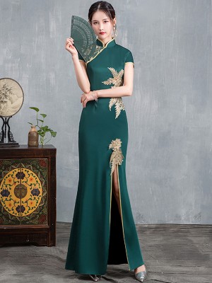 Olive Green Beaded Split Front Long Qipao / Cheongsam Dress