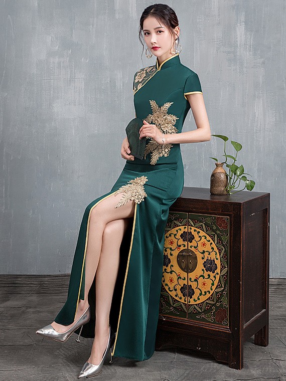 Olive Green Beaded Split Front Long Qipao / Cheongsam Dress