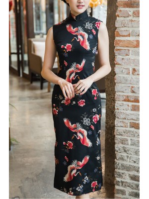 Sleeveless Printed Crane Bird Long Qipao / Cheongsam Party Dress
