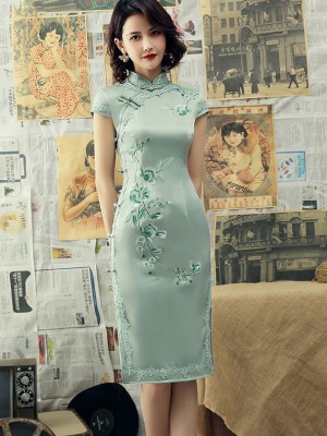 Green Embroidered Mid Qipao / Cheongsam Dress with Lace Trim
