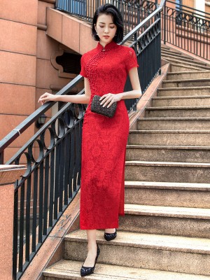 Red Lace Long Split Qipao / Cheongsam Dress with Beads