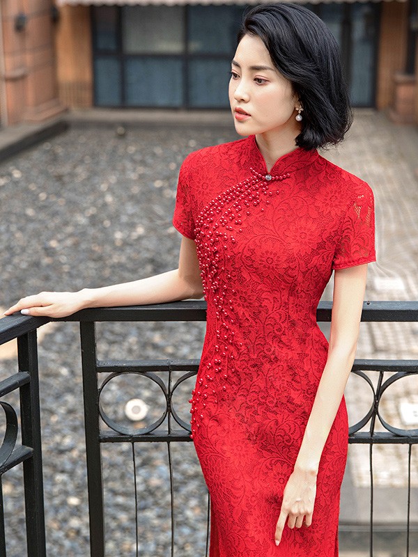 Red Lace Long Split Qipao / Cheongsam Dress with Beads