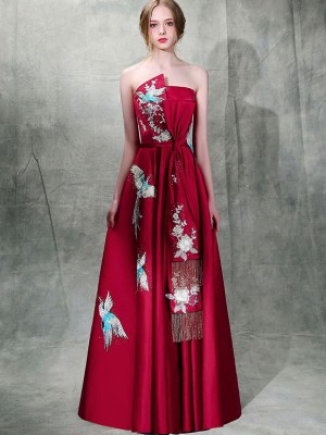 Burgundy Embroidered Maxi Strapless A-Line Evening Dress