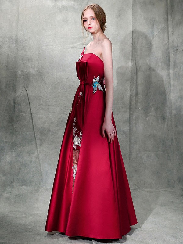 Burgundy Embroidered Maxi Strapless A-Line Evening Dress