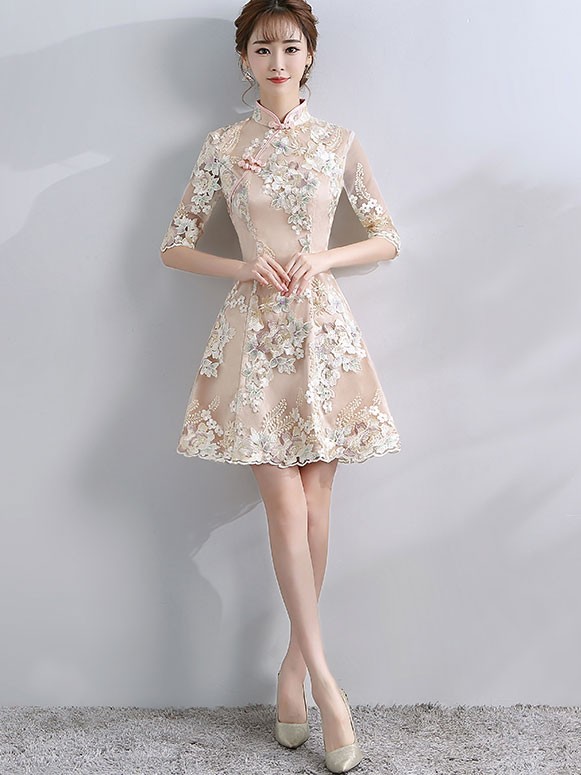 Embroidered A-line Qipao / Cheongsam Dress with Half Sleeve