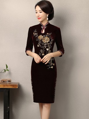 Beaded Velvet Midi Qipao Cheongsam Dress