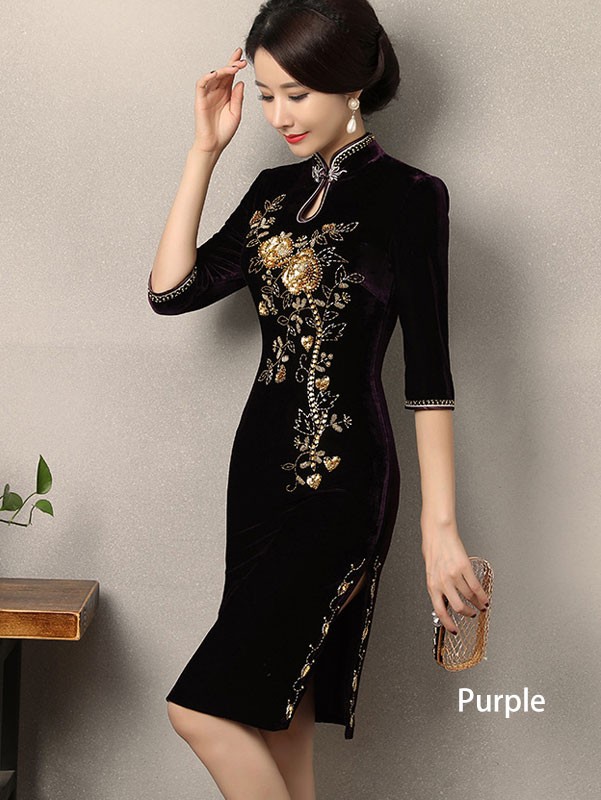 Beaded Velvet Midi Qipao Cheongsam Dress