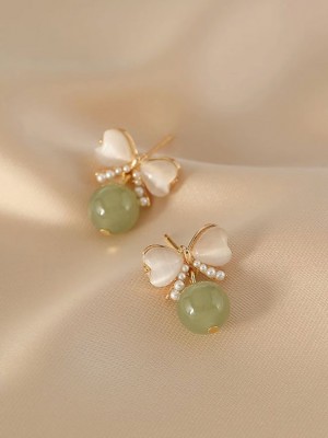Glaze Jade Pearls Bow Dangle Earrings