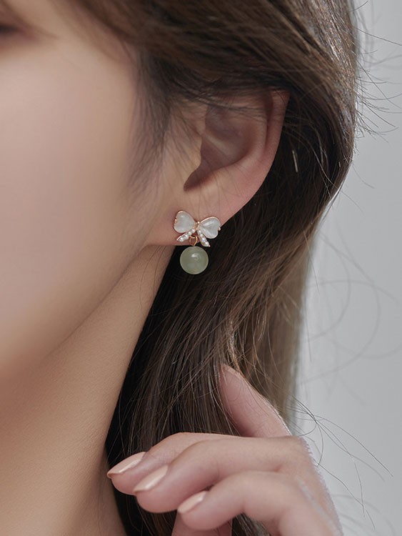 Glaze Jade Pearls Bow Dangle Earrings