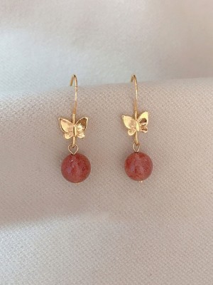 Glazed Butterfly Strawberry Quartz Drop Dangle Earrings