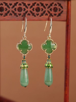 Green Jade Drop Dangle Clip On Earrings