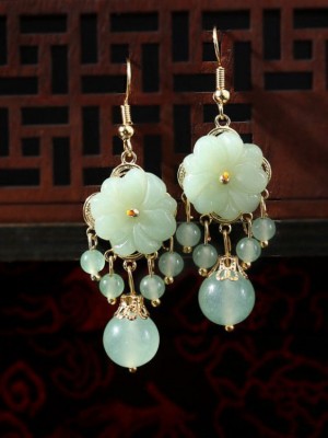 Green Jade Petals Drop Dangle Pierced Clip On Earrings