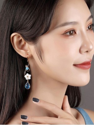 Blue Glass Dangle Drop Clip On Non Pierced Earrings