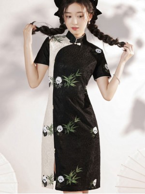 Color-blocked Lace Embroidered Panda Qipao Cheongsam Dress
