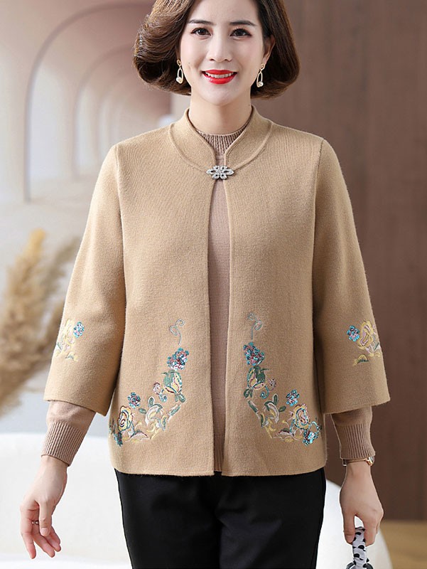 Red Beige Embroidered Knit Women Mothers Sweater Jacket Top