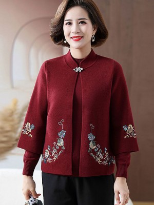 Red Beige Embroidered Knit Women Mothers Sweater Jacket Top