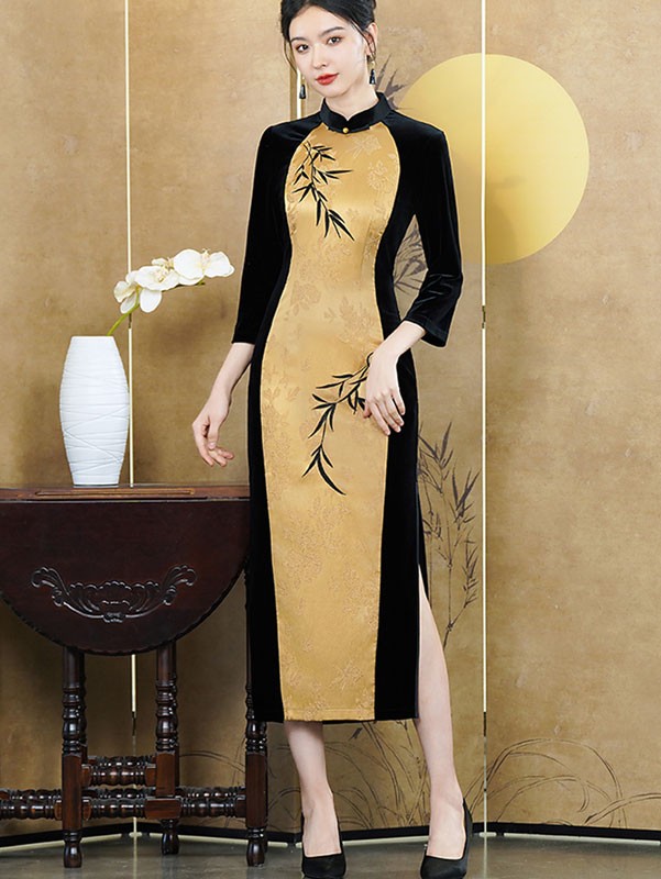 Color Block Jacquard Velvet Winter Cheongsam Qipao Dress