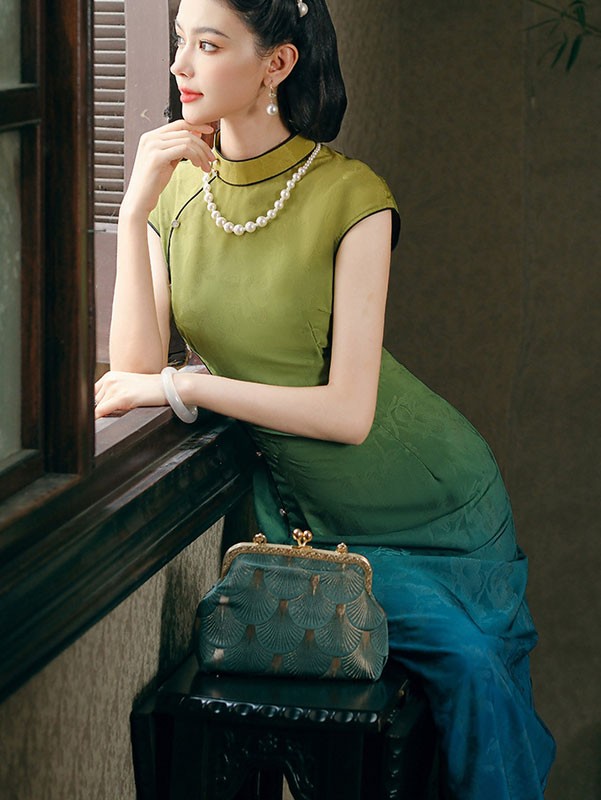 Gradient Green Jacquard Cheongsam Qipao Dress