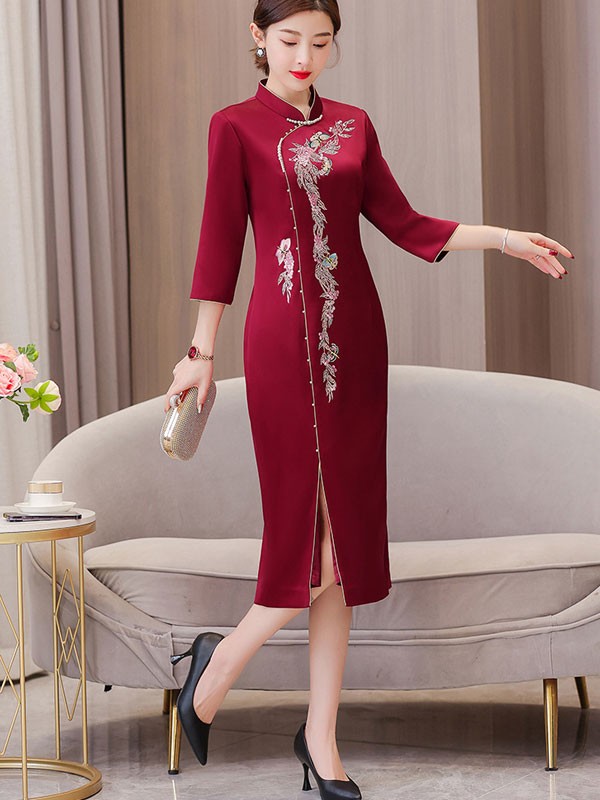 Burgundy Bride Mothers Beaded Embroidered Qipao Cheongsam Dress