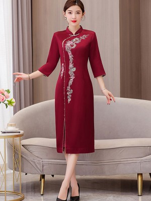 Burgundy Bride Mothers Beaded Embroidered Qipao Cheongsam Dress