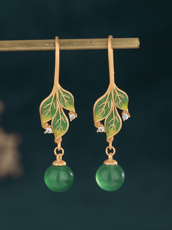 Green Leaf Jade Drop Dangle Earrings