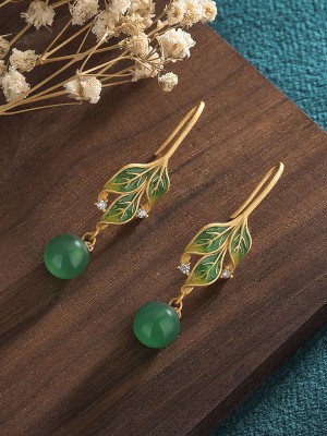 Green Leaf Jade Drop Dangle Earrings