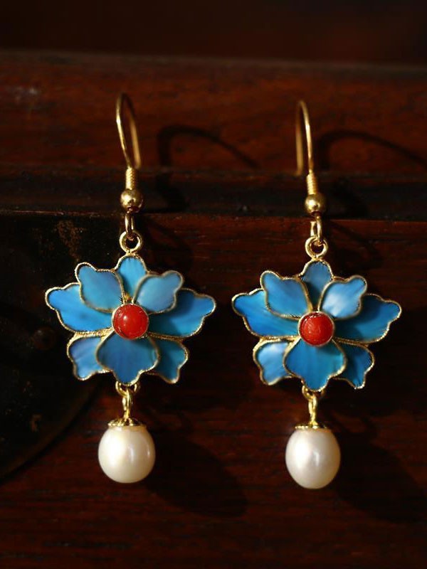 Pink Blue Vintage Pearls Lotus Drop Dangle Earrings