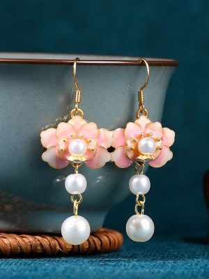 Pink Blue Vintage Pearls Lotus Drop Dangle Earrings