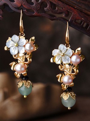 Vintage Pearls Jade Flower Drop Dangle Earrings