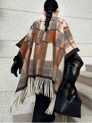 Plaid Winter Open Front Women Tassels Shawl Cape