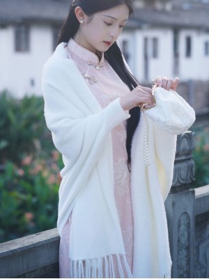 White Faux Fur Cheongsam Cape Shawl Coat