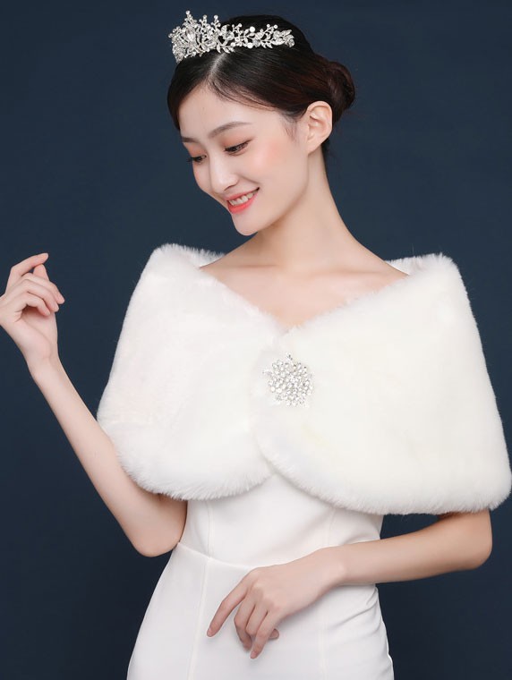 Artificial Fur Brooch Evening Party Wedding Bride Wrap Shawl