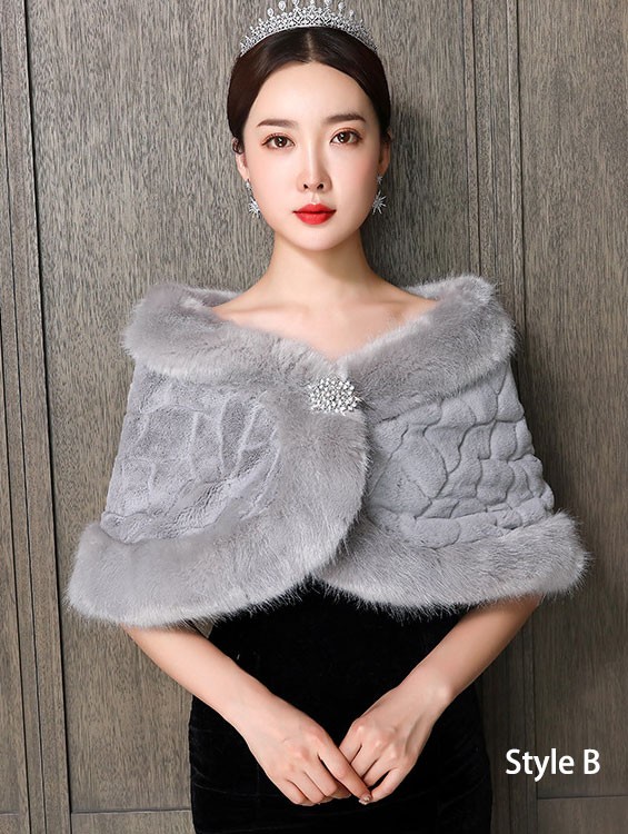 Gray Artificial Fur Stripe Brooch Mothers Evening Party Wrap Shawl