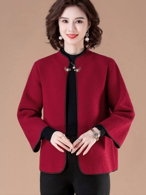 Red Purple Women Wool Blend Open Front Cheongsam Coat