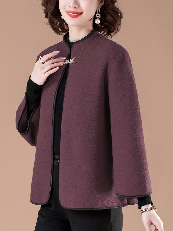 Red Purple Women Wool Blend Open Front Cheongsam Coat