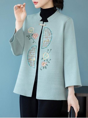 Blue Red Sequined Embroidered Women Knit Cardigan Jacket