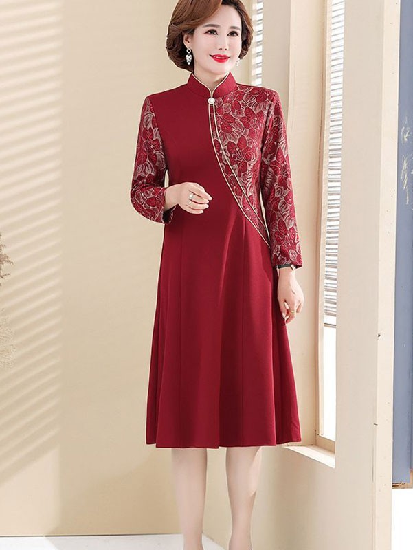 Burgundy Blue Beaded Mothers Winter Cheongsam Dress