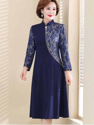 Blue Red Winter Mothers Floral A-Line Cheongsam Qipao Dress