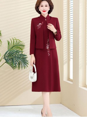 2 Pieces Winter Red Mothers Embroidered Cheongsam Qipao Dress & Jacket