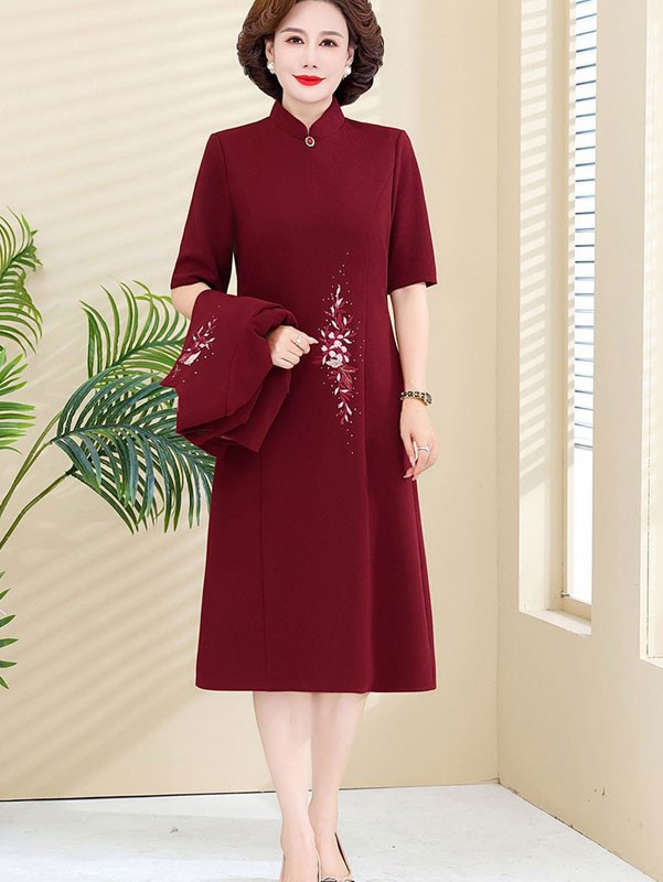 2 Pieces Winter Red Mothers Embroidered Cheongsam Qipao Dress & Jacket