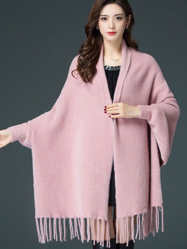 Faux Fur Tassels Long Sleeves Wrap Cape Shawl Coat