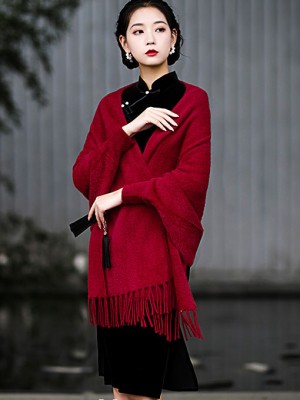 Faux Fur Tassels Long Sleeves Wrap Cape Shawl Coat