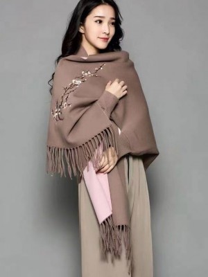 Mothers Embroidered Long Sleeves Knit Tassels Wrap Shawl Cape